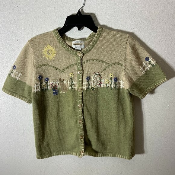 Christopher & Banks Tops - Christopher & Banks, Sz S, Women blouse, green & beige, Hand embroidered.